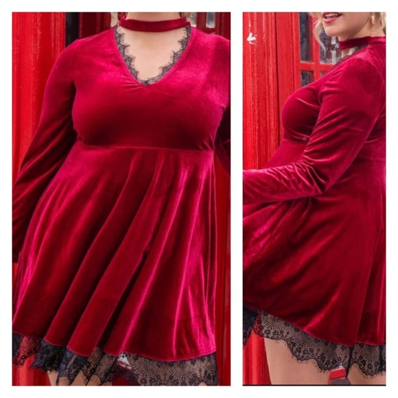 NWT|XL-1X| TCB| LOVE FROM LONDON RED VELVET & BLACK LACE SWING DRESS| NEW - Picture 4 of 11